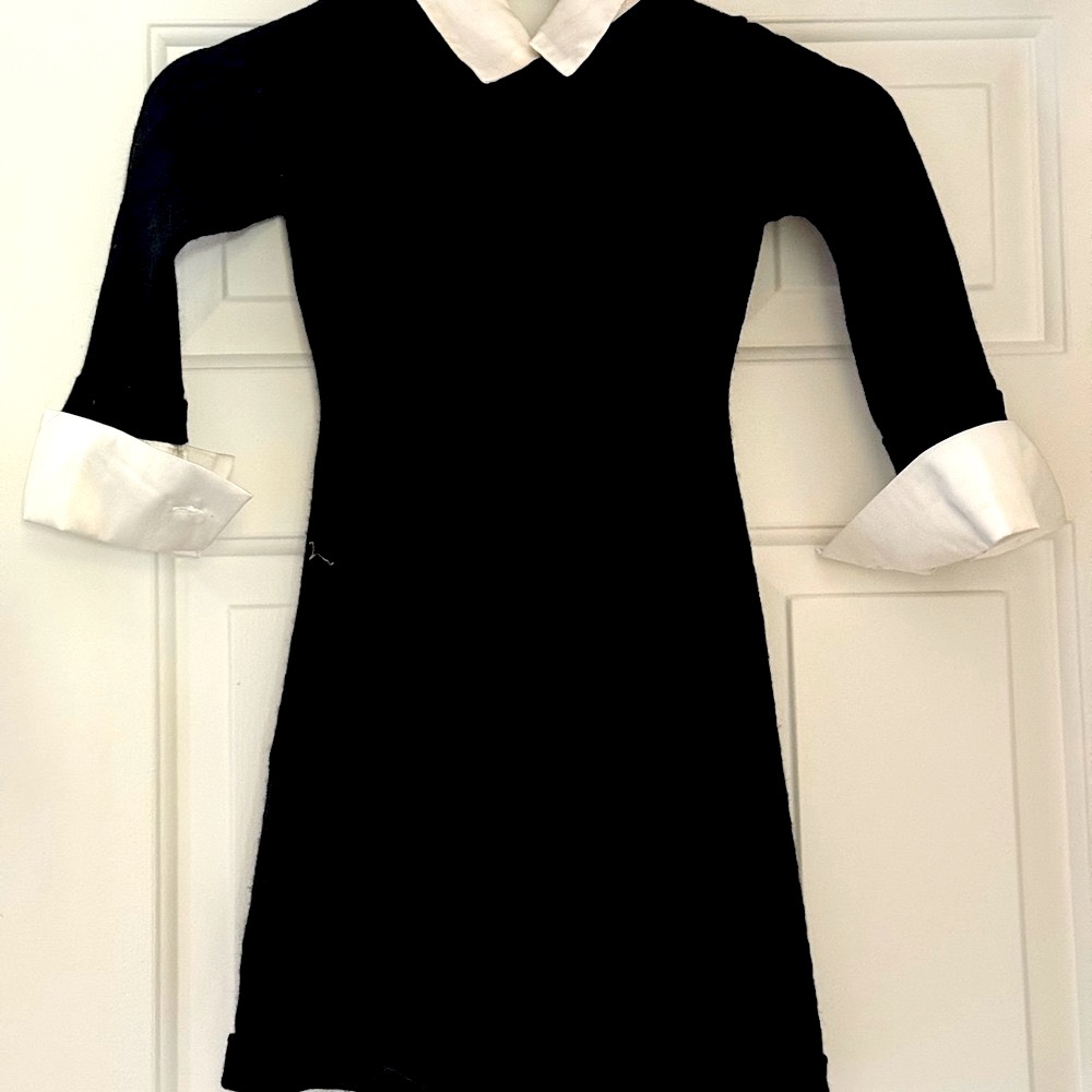 Classic Black Dress with white satin finish collar and sleeve detail